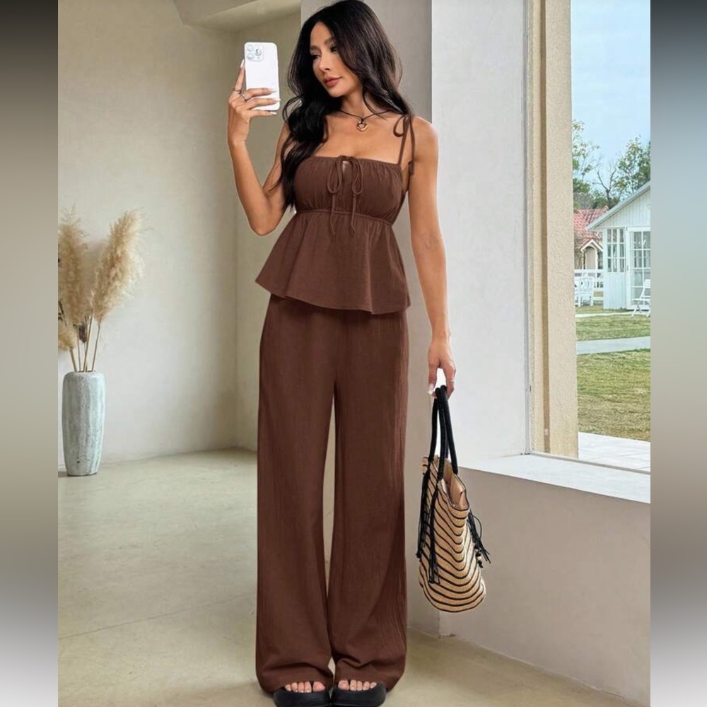 NWOT Brown Linen Matching Set Wide Leg Pants Minimal Vacation Outfit